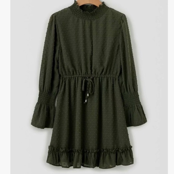 Mira Mock Neck Olive Tiered Mini Dress - Picture 6 of 6